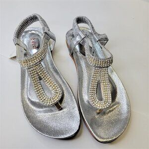 SILVER Sandals Size 7 Rhinestones Adjustable Strap Toe Post Beach Womens Sandals